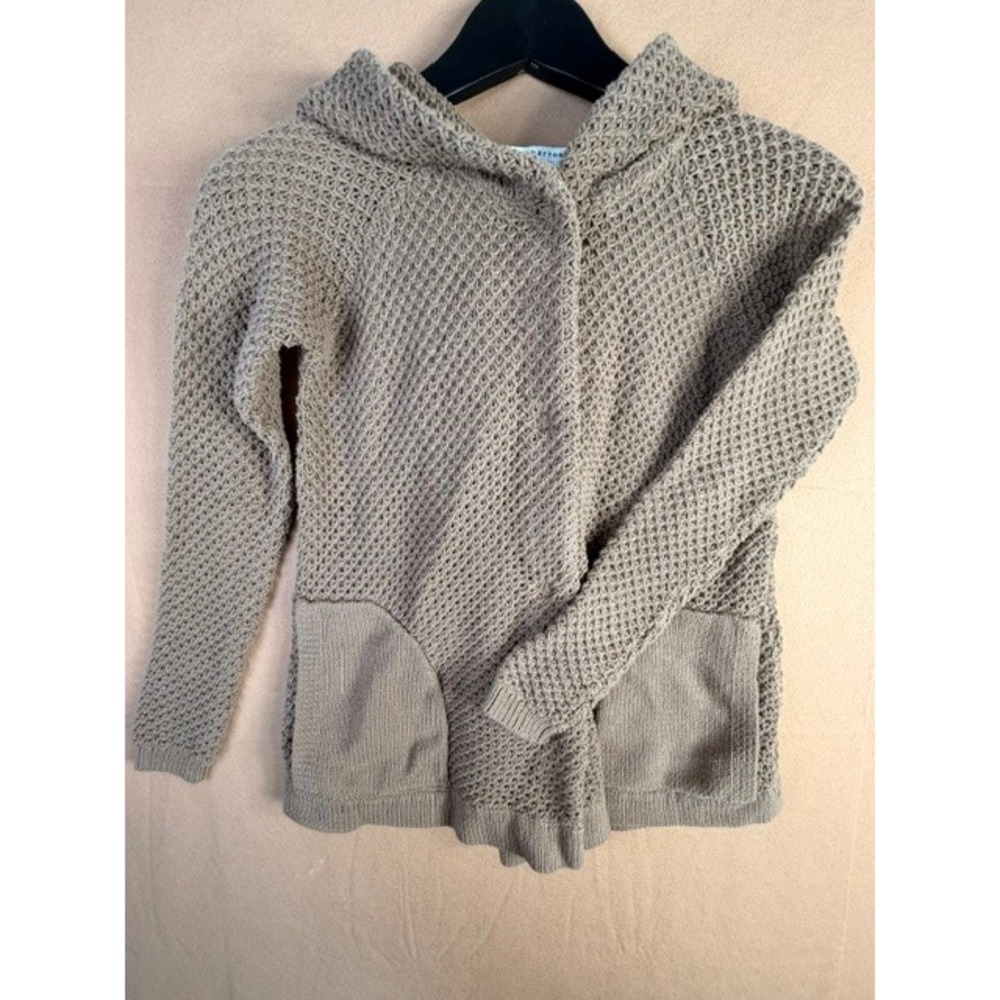 Sparrow XS Hooded Open Knit Cardigan Sweater Taupe Chunky Boho Pockets